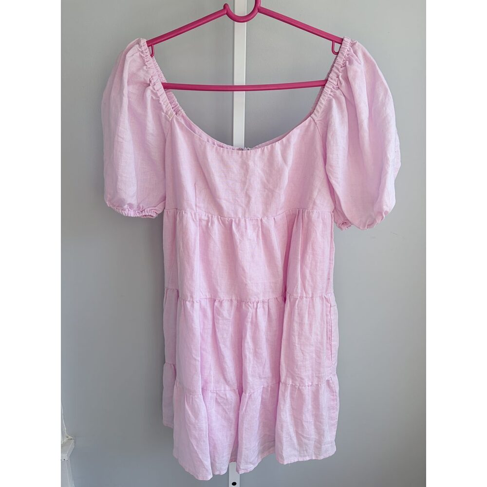 NIA Pink Ramie Cotton Puff Sleeve Tiered Babydoll Mini Dress Coquette S